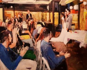 Rob Jacobs schildert doek van 80x100cm tijdens de ceremonie in Enschede, Overijssel.