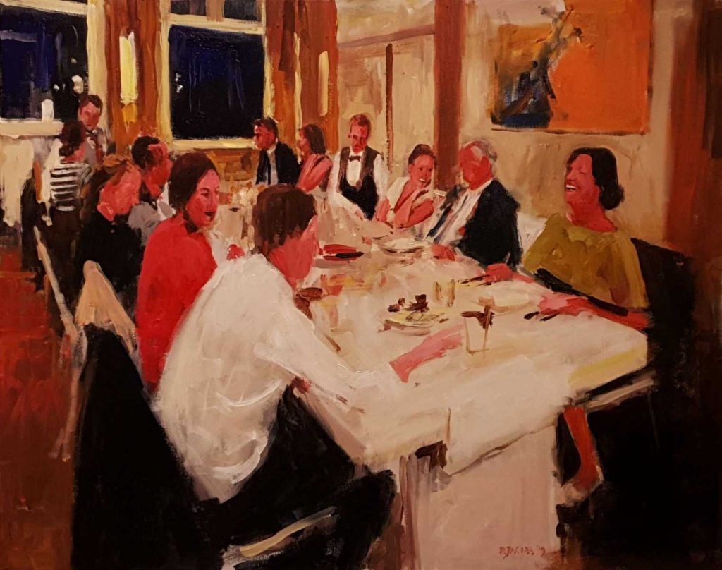 Rob Jacobs schildert doek van 80x100cm tijdens het diner in Haren, Groningen.