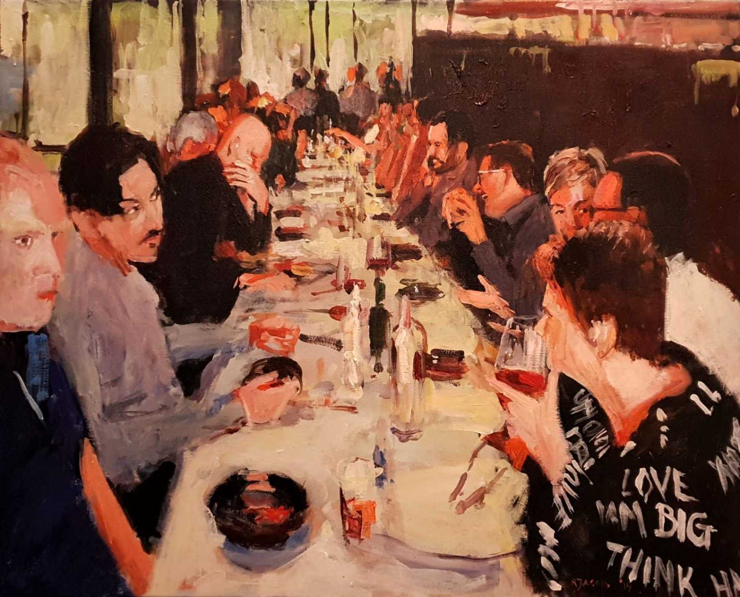 Rob Jacobs schildert doek van 80x100cm tijdens het diner in Hoofddorp, Noord-Holland.