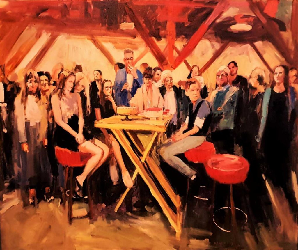 Rob Jacobs schildert doek van 100x120cm tijdens het diner in Nijmegen, Gelderland.