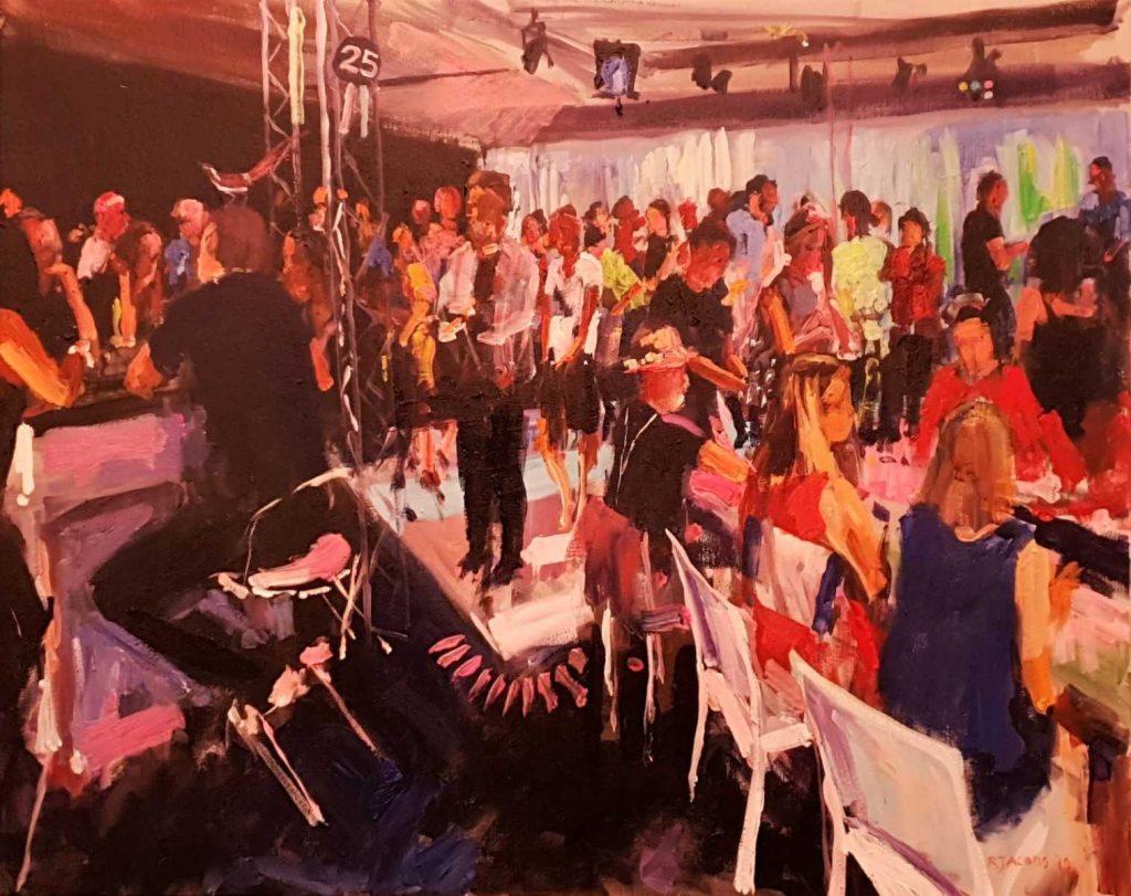 Rob Jacobs schildert doek van 80x100cm tijdens het evenement in Middenmeer, Noord-Holland.