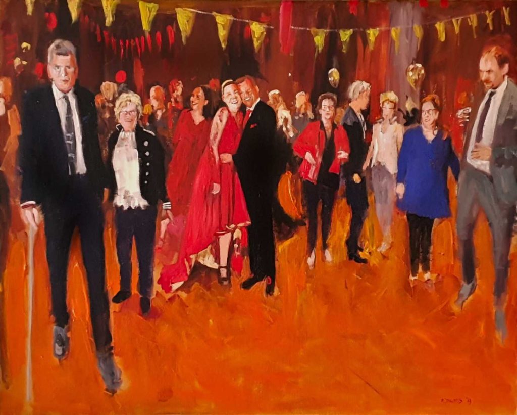 Rob Jacobs schildert doek van 80x100cm tijdens het feest in Alblasserdam, Zuid-Holland.