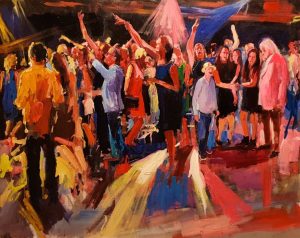 Rob Jacobs schildert doek van 80x100cm tijdens het feest in Amsterdam, Noord-Holland.