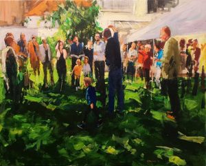 Rob Jacobs schildert doek van 80x100cm tijdens het feest in Middelburg, Zeeland.