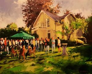 Rob Jacobs schildert doek van 80x100cm tijdens het jubileum in Den Haag, Zuid-Holland.