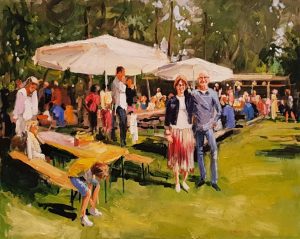 Rob Jacobs schildert doek van 80x100cm tijdens het jubileum in Gasselte, Drenthe.