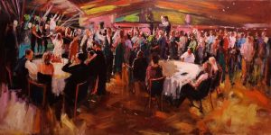 Rob Jacobs schildert doek van 100x200cm tijdens het evenement bij Bakkerij Koenen in Westervoort, Gelderland.