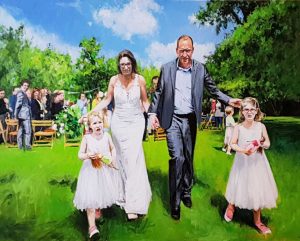 Rob Jacobs schildert doek van 80x100cm tijdens de bruiloft voor Coby Wilshut.