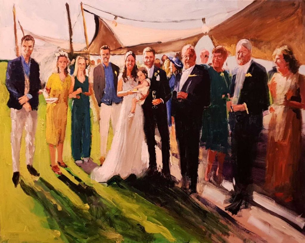 Rob Jacobs schildert doek van 80x100cm tijdens de bruiloft in Hemelum, Friesland.
