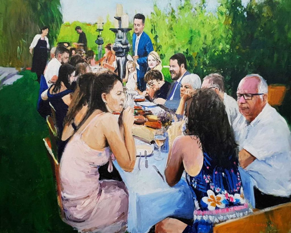 Rob Jacobs schildert doek van 80x100cm tijdens het diner in Schalkwijk, Utrecht.