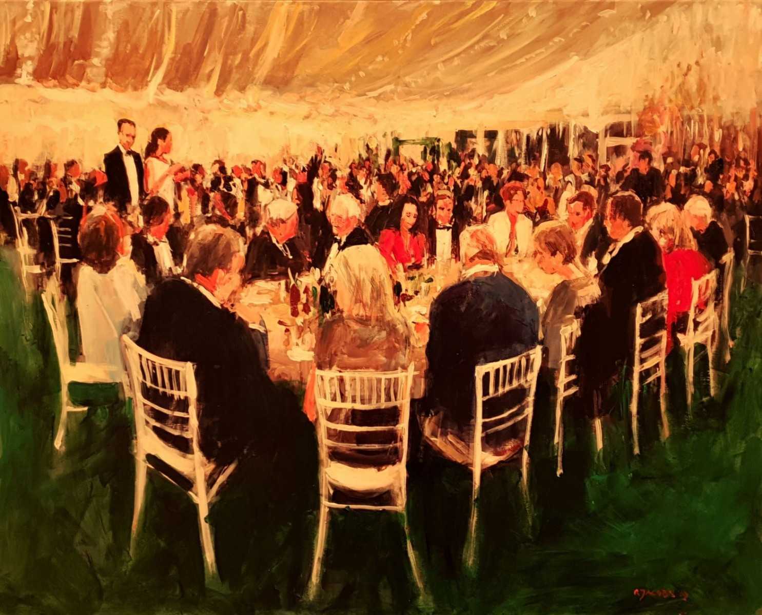 Rob Jacobs schildert doek van 80x100cm tijdens het diner in Scotland.