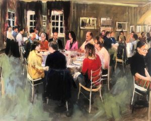 Rob Jacobs schildert doek van 80x100cm tijdens het diner in Scotland.