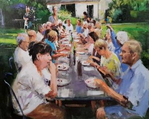 Rob Jacobs schildert doek van 80x100cm tijdens het diner in Waalre, Noord-Brabant.