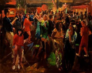 Rob Jacobs schildert doek van 80x100cm tijdens het feest in Amsterdam, Noord-Holland.