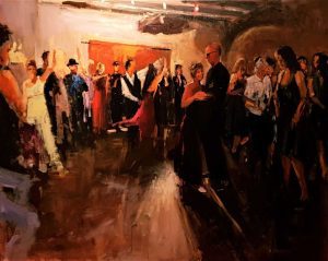 Rob Jacobs schildert doek van 80x100cm tijdens het feest in Hulshorst, Gelderland.