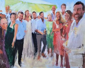Rob Jacobs schildert doek van 80x100cm tijdens het feest in Scheveningen, Zuid-Holland.