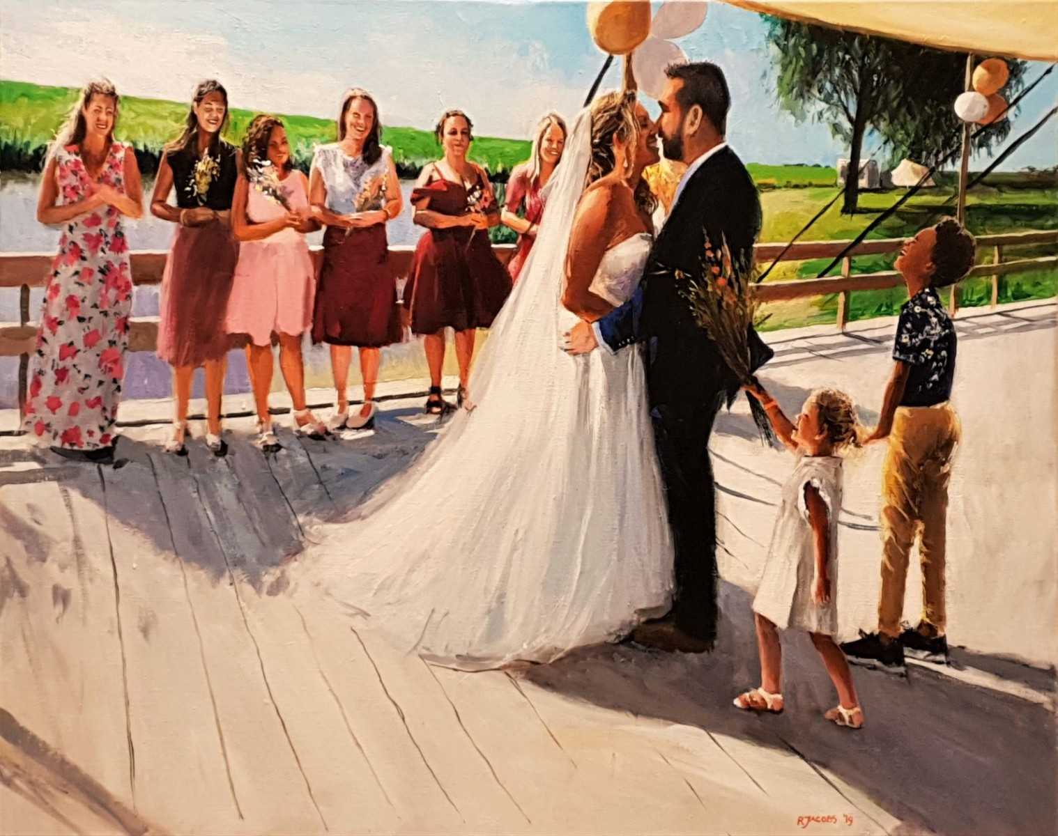 Rob Jacobs schildert doek van 80x100cm tijdens de trouwceremonie.