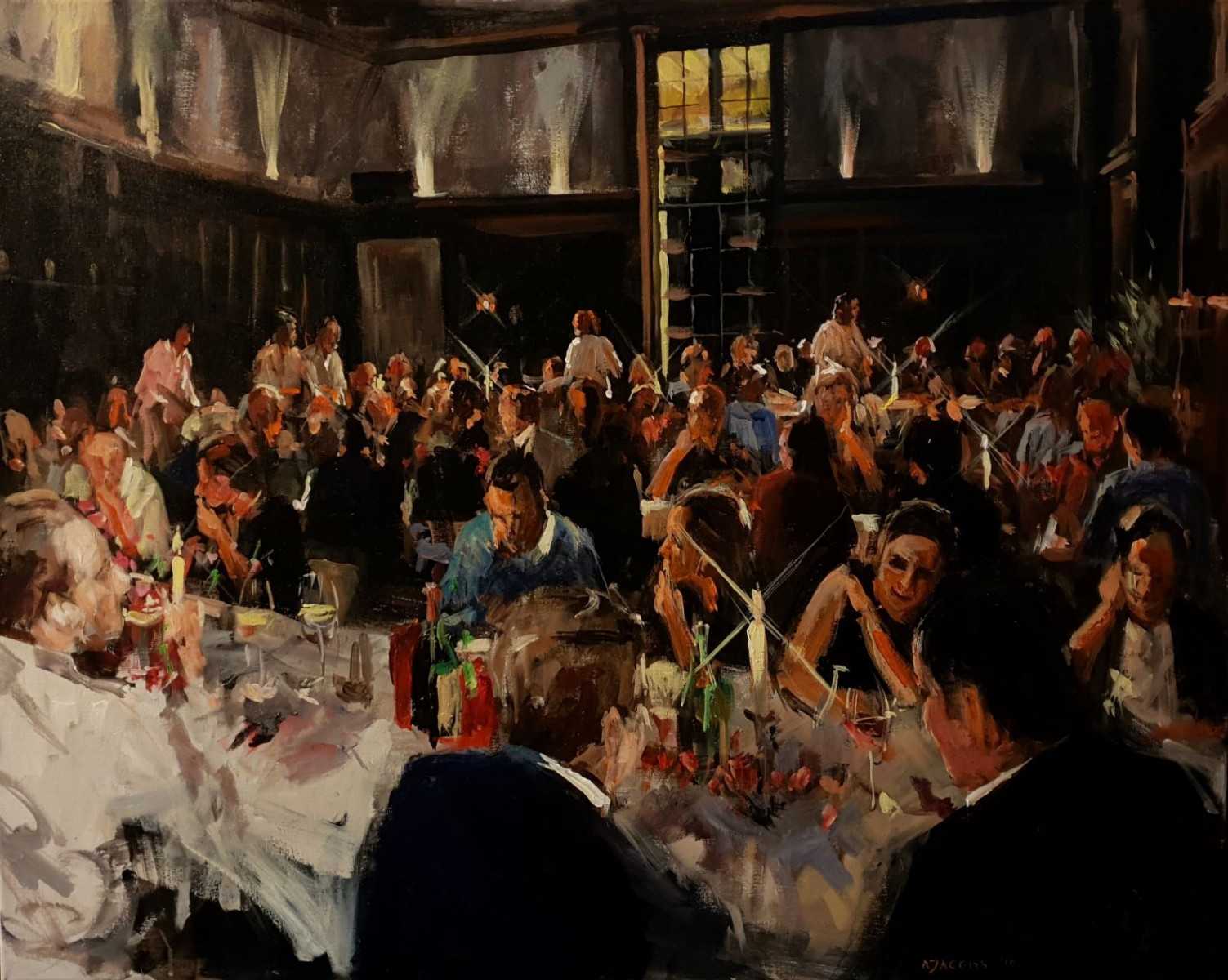 Rob Jacobs schildert doek van 80x100cm tijdens het diner op het Landgoed Rhederoord.