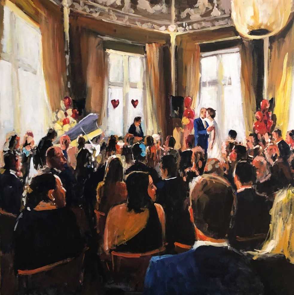 Rob Jacobs schildert doek van 100x100cm tijdens de bruiloft in Den Haag, Zuid-Holland.