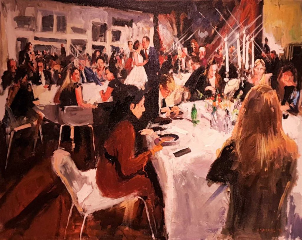 Rob Jacobs schildert doek van 80x100cm tijdens het diner in Amsterdam, Noord-Holland.