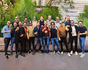 Rob Jacobs schildert doek van 120x150cm tijdens het evenement in Noord-Brabant voor Guus Boerenkamp.