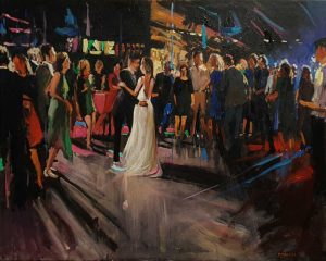 Rob Jacobs schildert doek van 80x100cm tijdens het trouwfeest in Aalsmeer, Noord-Holland.