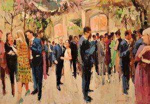 Rob Jacobs schildert doek van 70x100cm tijdens de bruiloft in Londen.