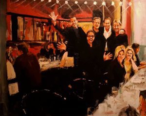 Rob Jacobs schildert doek van 80x100cm tijdens het diner in Amsterdam, Noord-Holland.