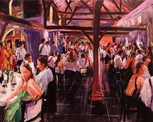 Rob Jacobs schildert doek van 80x100cm tijdens het diner in Sint-Oedenrode, Noord-Brabant.