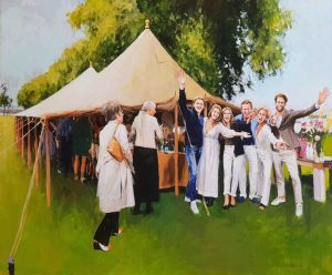 Rob Jacobs schildert doek van 100x120cm tijdens het bruiloftsfeest in de Loosdrechtse Plassen, Noord-Holland.