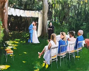 Rob Jacobs schildert doek van 80x100cm tijdens de ceremonie in Wassenaar, Zuid-Holland.