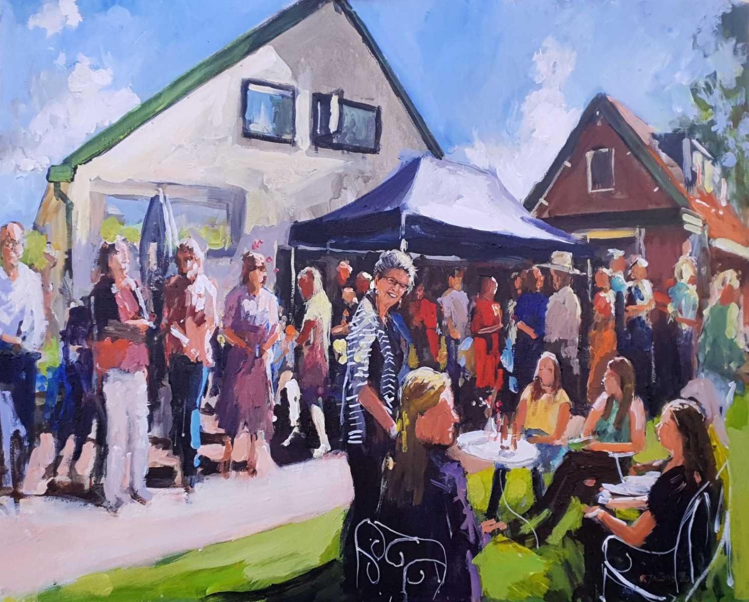 Rob Jacobs schildert doek van 80x100cm tijdens het feest in Noord-Holland, Nederhorst-den-Berg.