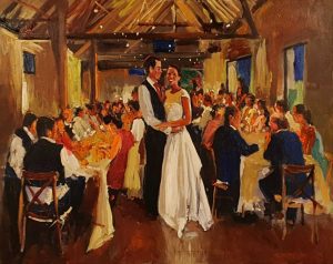 Rob Jacobs schildert doek van 80x100cm tijdens de ceremonie in Leerne, West-Vlaanderen.