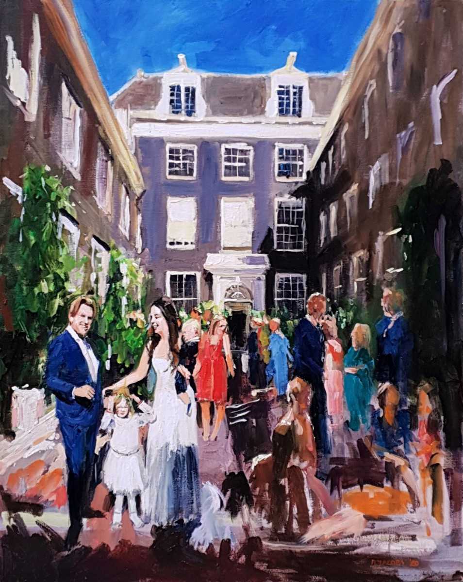 Rob Jacobs schildert doek van 80x100cm tijdens het bruiloftsfeest in Amsterdam.
