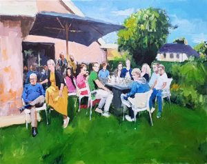 Rob Jacobs schildert doek van 80x100cm tijdens het diner in Almelo.