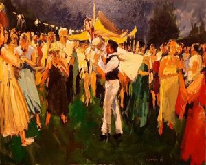 Rob Jacobs schildert doek van 80x100cm tijdens feest.