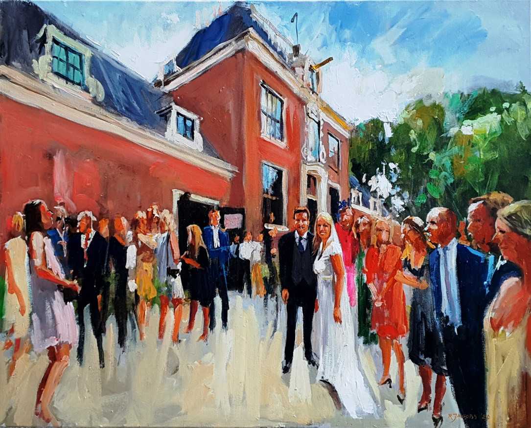 Rob Jacobs schildert doek van 80x100cm tijdens de bruiloft in Amsterdam, Noord-Holland.