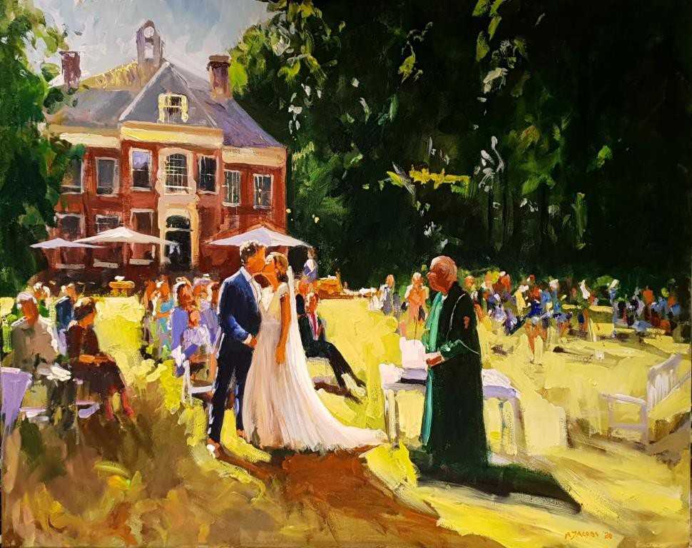 Rob Jacobs schildert doek van 80x100cm tijdens de ceremonie in Driebergen, Utrecht.