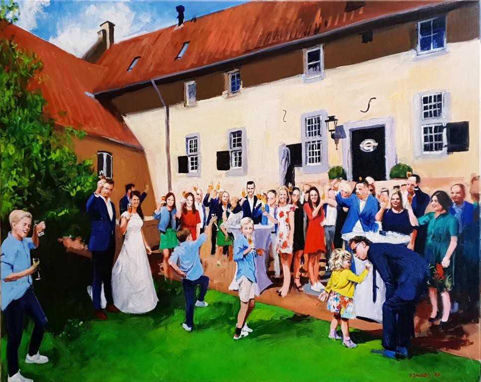 Rob Jacobs schildert doek van 80x100cm tijdens de bruiloft in Voerendaal, Limburg.