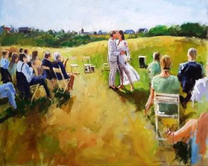 Rob Jacobs schildert doek van 80x100cm tijdens de ceremonie in Bergenaz, Noord-Holland.