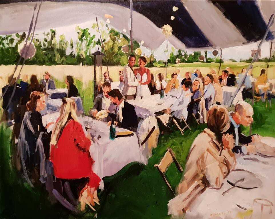 Rob Jacobs schildert doek van 80x100cm tijdens het diner in Empe, Gelderland.