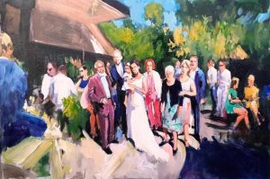 Rob Jacobs schildert doek van 80x120cm tijdens de trouwceremonie in Bloemendaal, Noord-Holland.