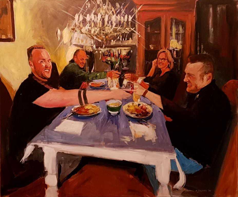 Rob Jacobs schildert doek van 100x120cm tijdens het diner in Woudenberg, Utrecht.