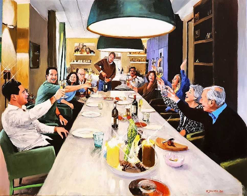 Rob Jacobs schildert doek van 80x100cm tijdens het diner in Bussum, Noord-Holland.