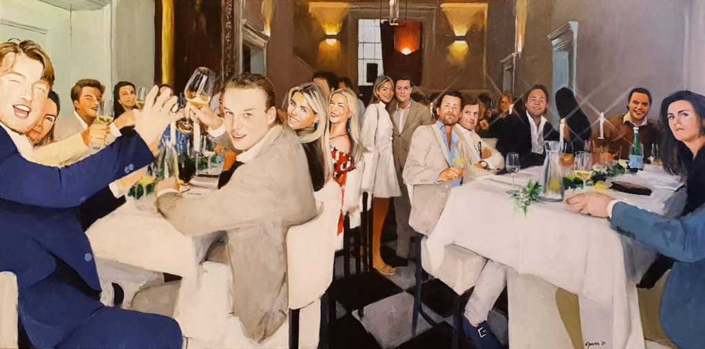 Rob Jacobs schildert doek van 80x160cm tijdens het diner in Oosterhout, Noord-Brabant.