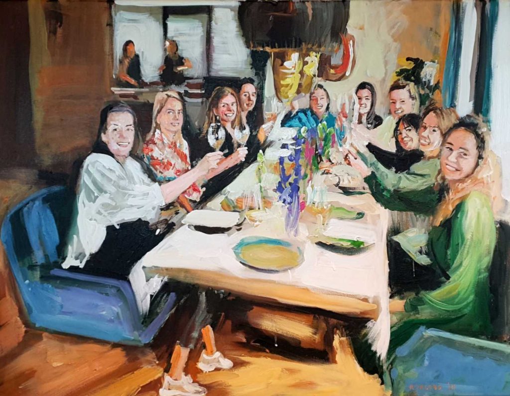 Rob Jacobs schildert doek van 80x100cm tijdens het diner in Vinkeveen, Utrecht.