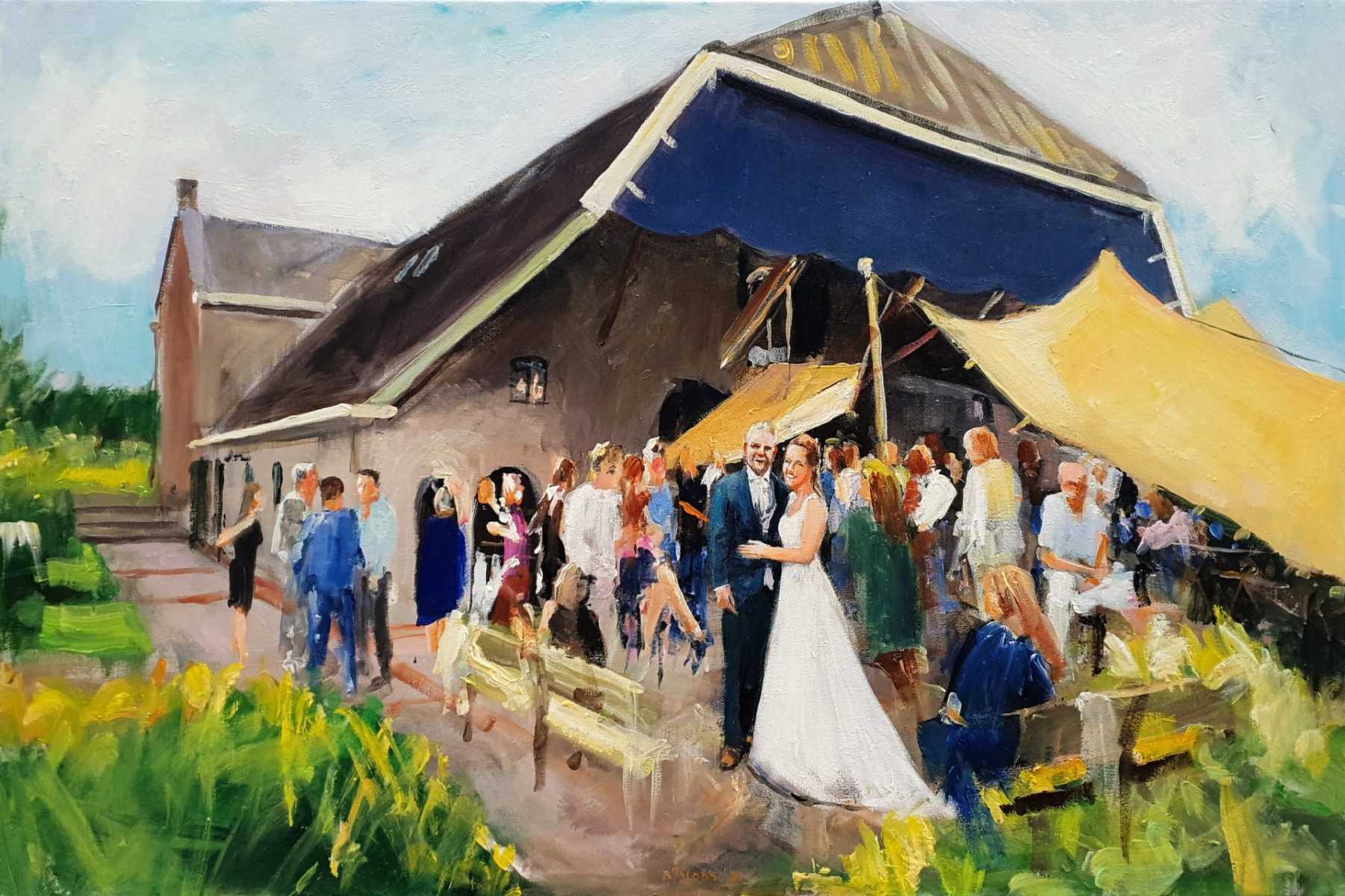 Rob Jacobs schildert doek van 80x120cm tijdens de bruiloft in Culemborg, Gelderland.