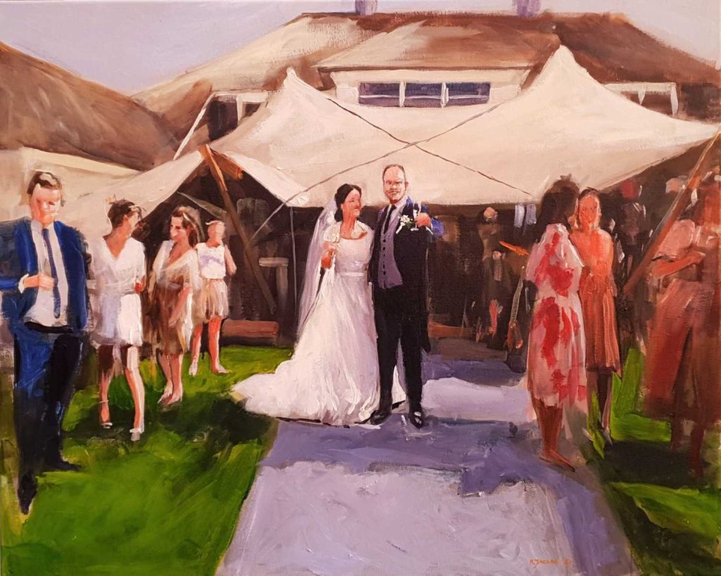 Rob Jacobs schildert doek van 80x100cm tijdens de ceremonie in Loosdrecht, Noord-Holland.