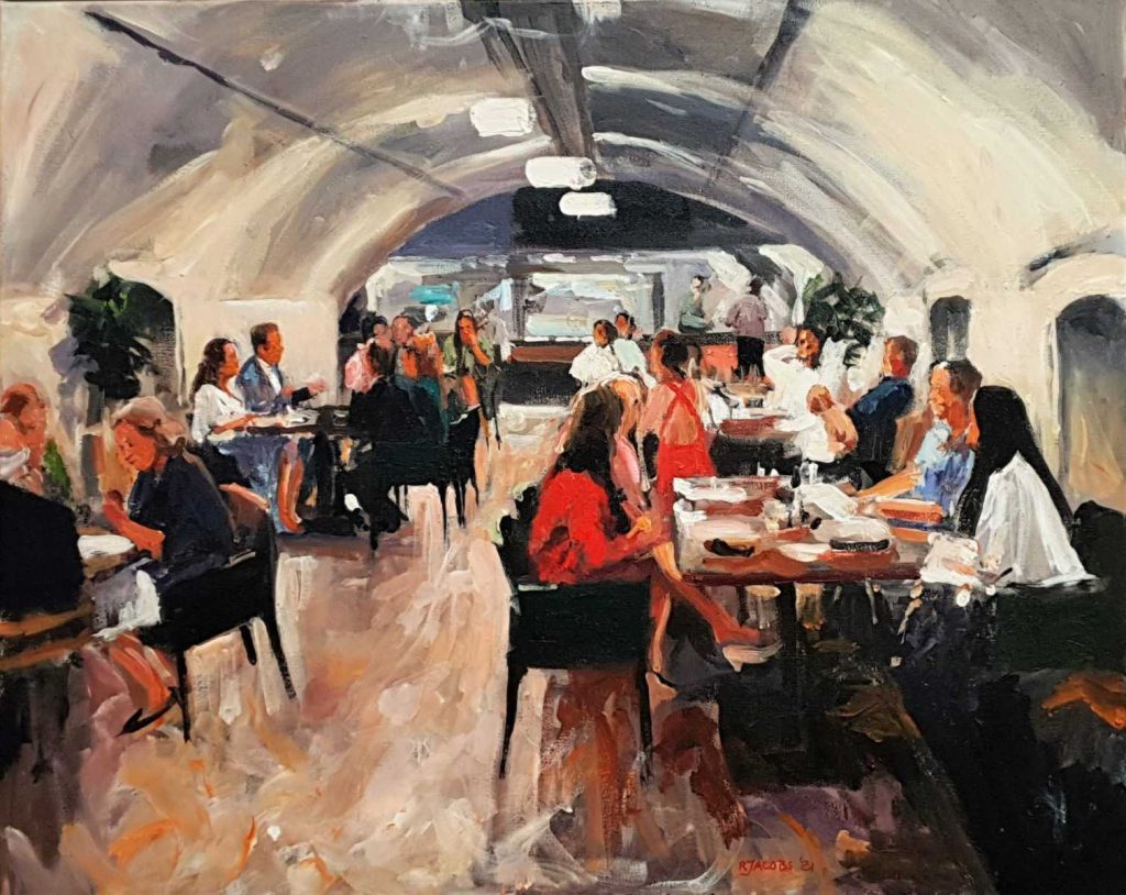 Rob Jacobs schildert doek van 80x100cm tijdens het diner in Naarden, Noord-Holland.