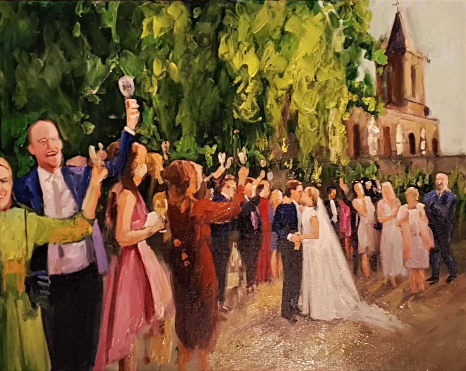 Rob Jacobs schildert doek van 80x100cm tijdens de trouwceremonie in Jupilles, Oost-Vlaanderen.